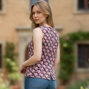 Vintage Handmade Pink and Grey Patterned Zip Up Blouse